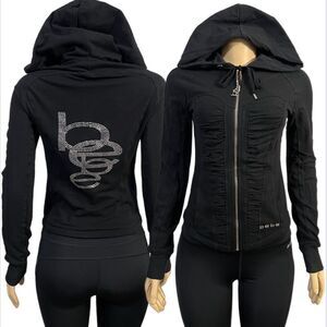 NWOT Bebe hoodie Rhinestone Logo long sleeve full zip closure Ruched black S